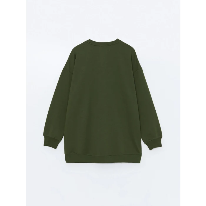 LCW Modest Yeşil Bisiklet Yaka Nakışlı Kadın Sweatshirt Tunik