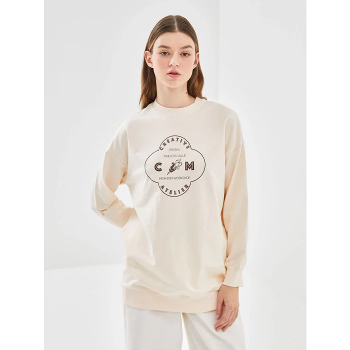 LCW Modest Ekru Bisiklet Yaka Baskılı Kadın Sweatshirt Tunik