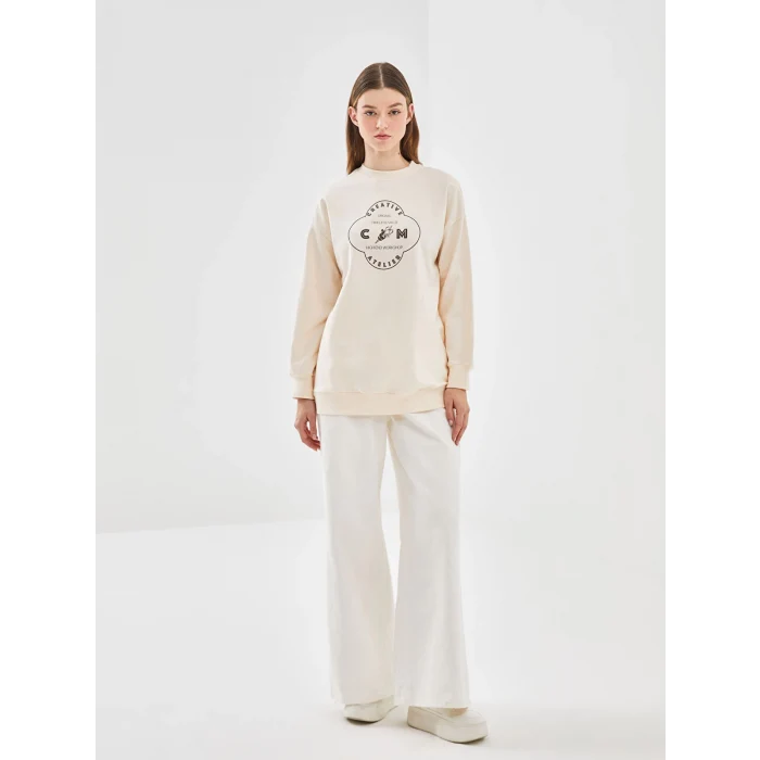 LCW Modest Ekru Bisiklet Yaka Baskılı Kadın Sweatshirt Tunik