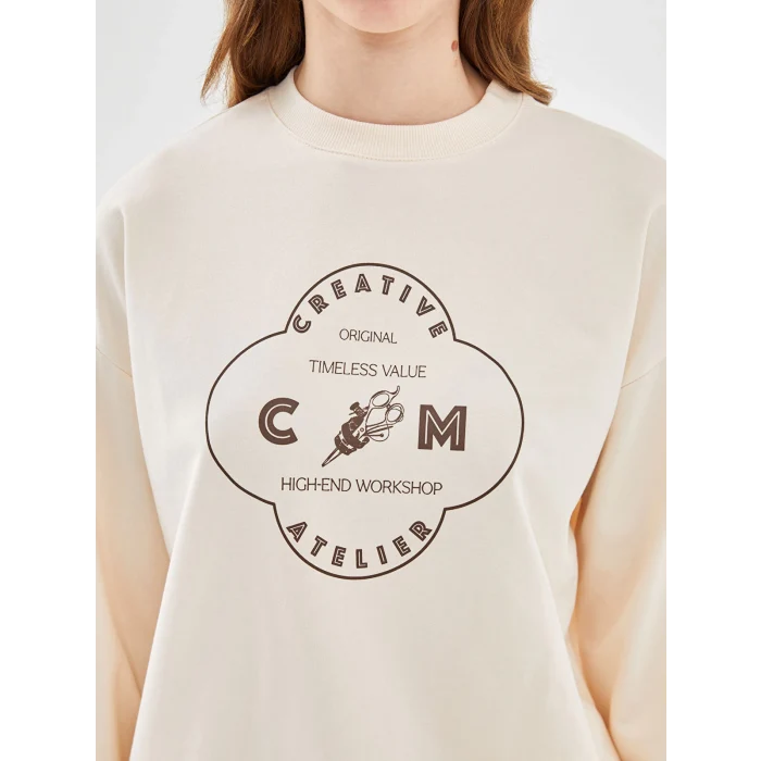 LCW Modest Ekru Bisiklet Yaka Baskılı Kadın Sweatshirt Tunik