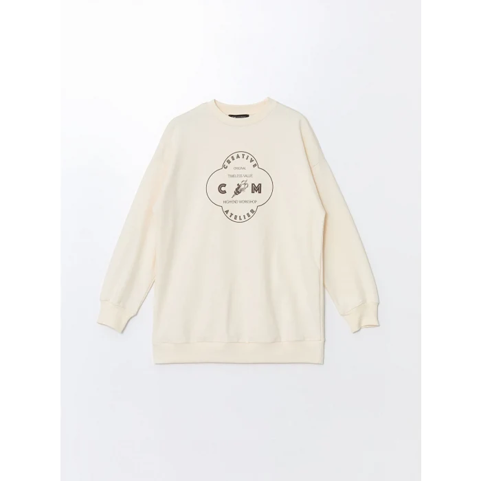 LCW Modest Ekru Bisiklet Yaka Baskılı Kadın Sweatshirt Tunik