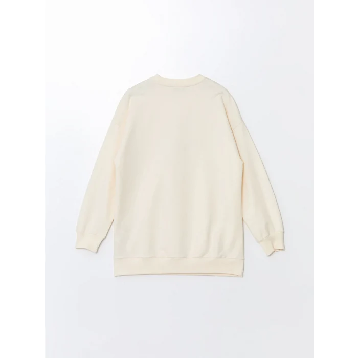 LCW Modest Ekru Bisiklet Yaka Baskılı Kadın Sweatshirt Tunik