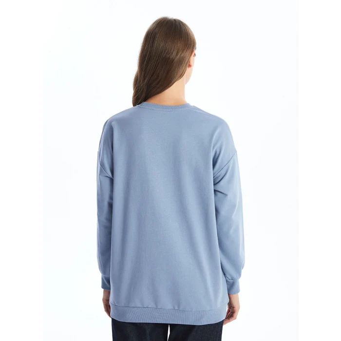 LCW Modest Mavi Bisiklet Yaka Baskılı Kadın Sweatshirt Tunik