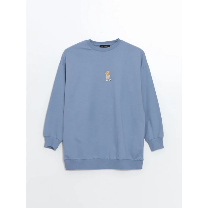 LCW Modest Mavi Bisiklet Yaka Baskılı Kadın Sweatshirt Tunik