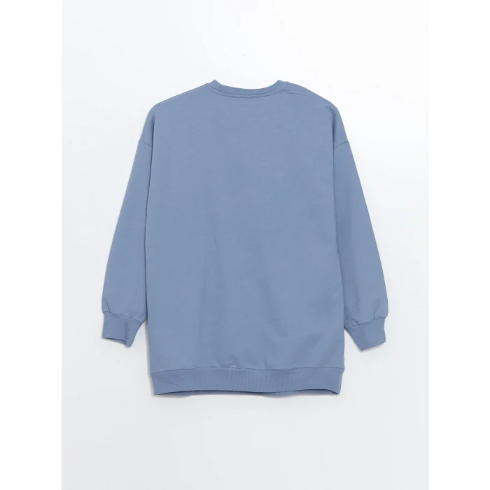 LCW Modest Mavi Bisiklet Yaka Baskılı Kadın Sweatshirt Tunik