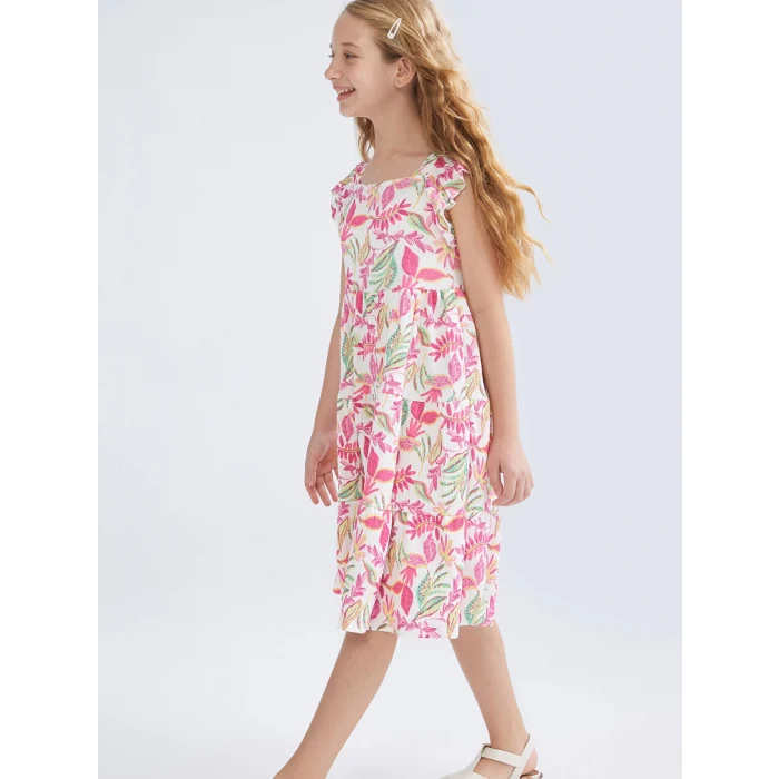 LCW Kids Ekru Kare Yaka Ekose Kız Çocuk Elbise