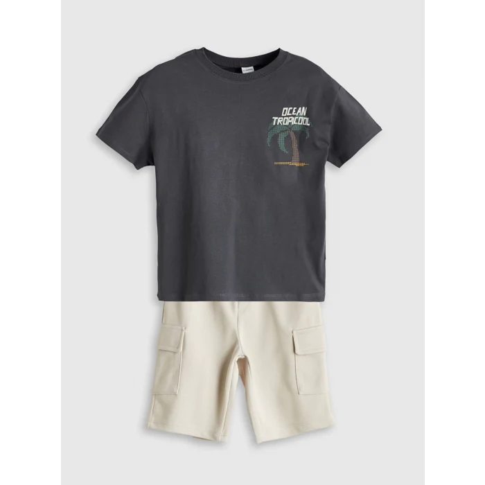 LCW Kids Antrasit Baskılı Erkek Çocuk Tişört ve Cepli Şort 2li