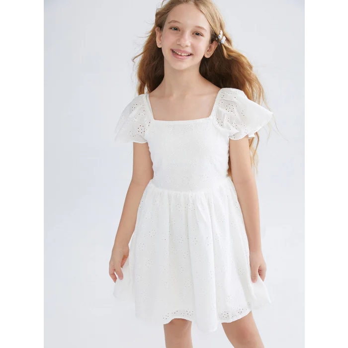 LCW Kids Beyaz Kare Yaka Kız Çocuk Elbise