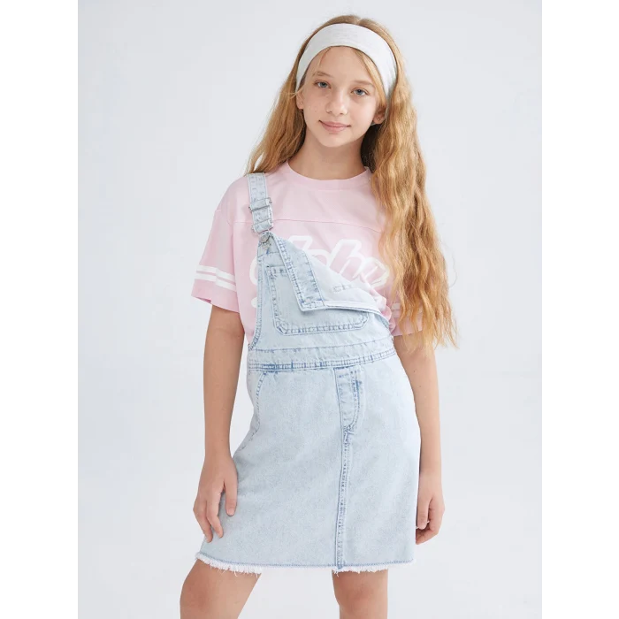 LCW Kids Mavi Kare Yaka Kız Çocuk Jean Salopet Elbise