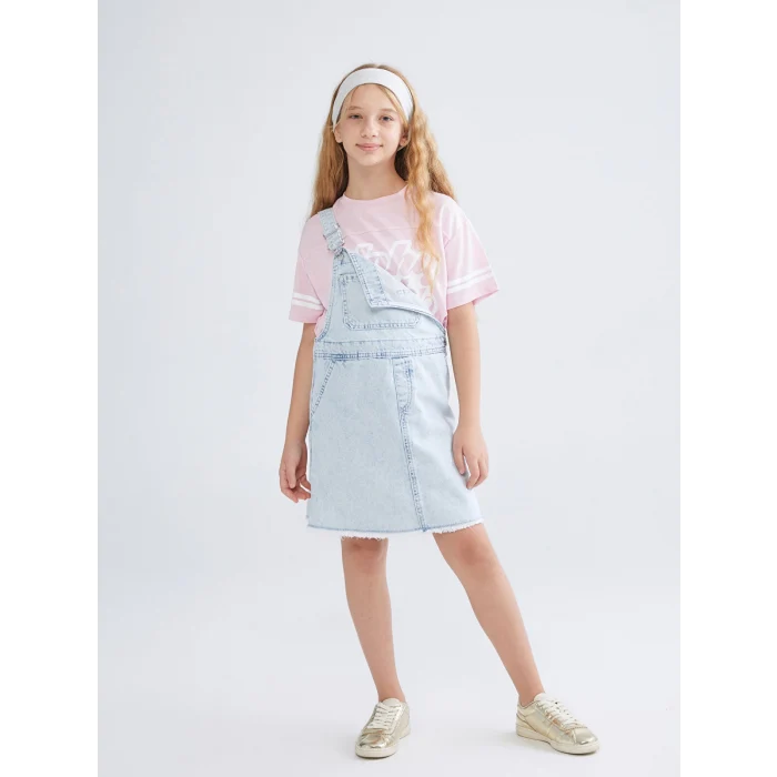 LCW Kids Mavi Kare Yaka Kız Çocuk Jean Salopet Elbise