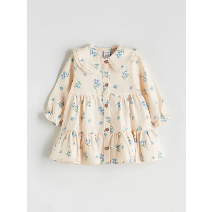LC WAIKIKI Bej Bebe Yaka Fırfırlı Baskılı Kız Bebek Elbise