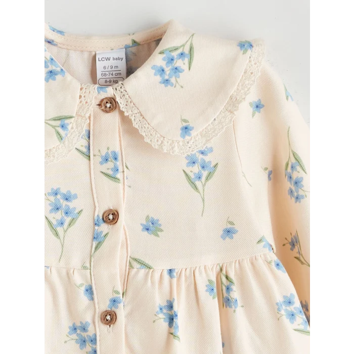 LC WAIKIKI Bej Bebe Yaka Fırfırlı Baskılı Kız Bebek Elbise