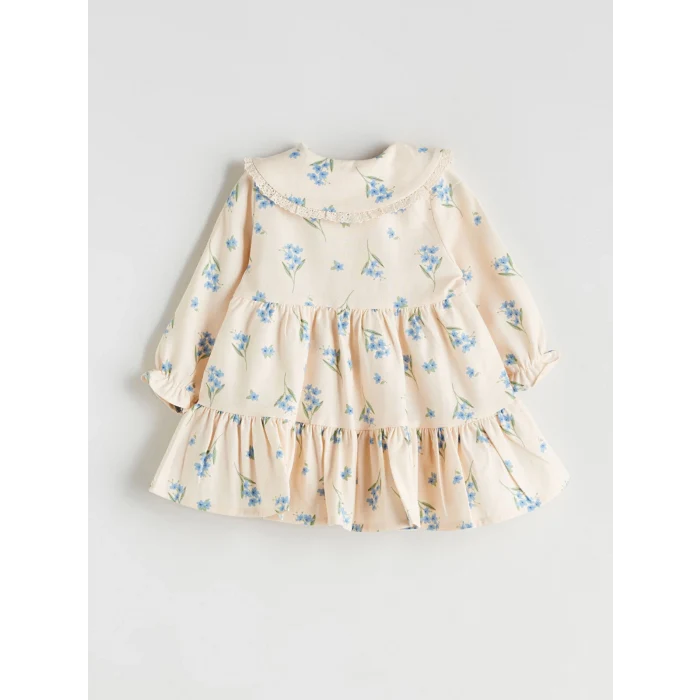 LC WAIKIKI Bej Bebe Yaka Fırfırlı Baskılı Kız Bebek Elbise