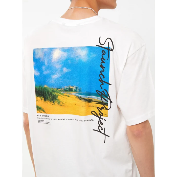 XSIDE Beyaz Bisiklet Yaka Kısa Kollu Baskılı Penye Erkek Tişört