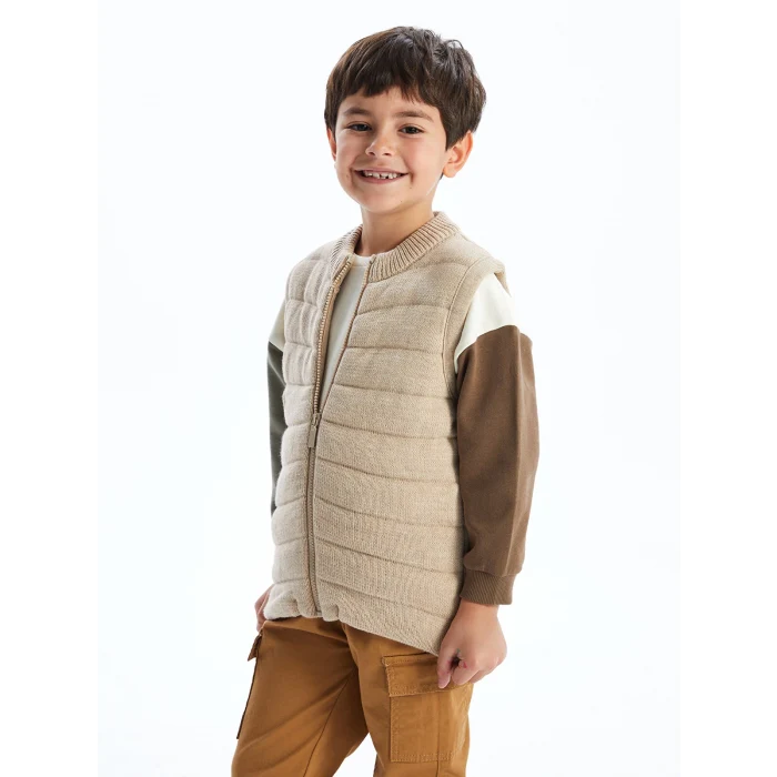 LCW Kids Bej Bisiklet Yaka Erkek Çocuk Fermuarlı Yelek