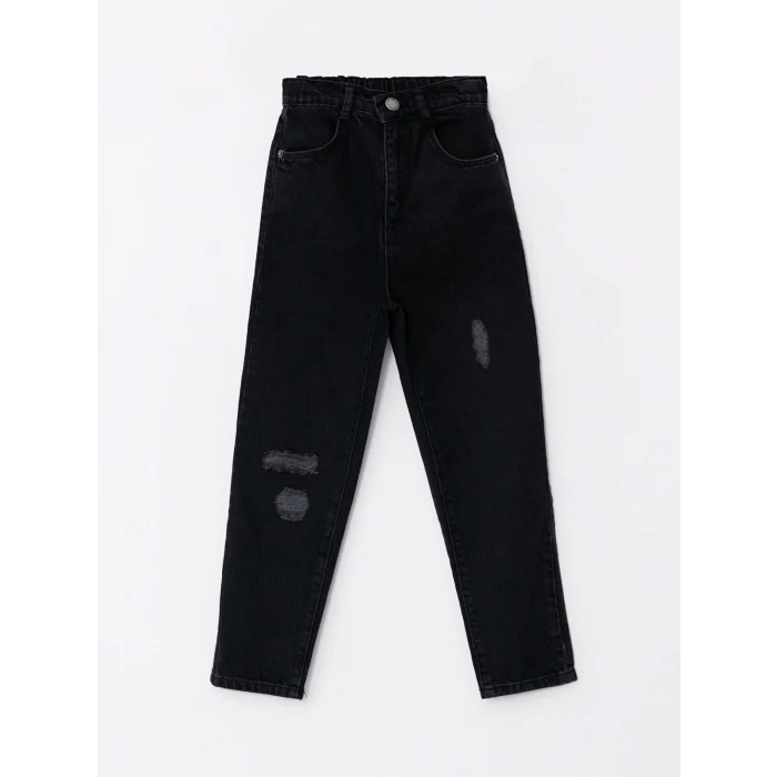 LCW Kids Siyah Beli Lastikli Yırtık Detaylı Kız Çocuk Mom Jean Pantolon