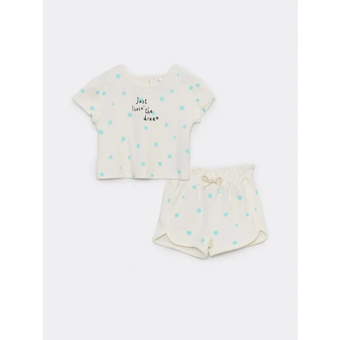 LCW baby Ekru Bisiklet Yaka Kısa Kollu Baskılı Kız Bebek Tişört ve Şort 2li Takım