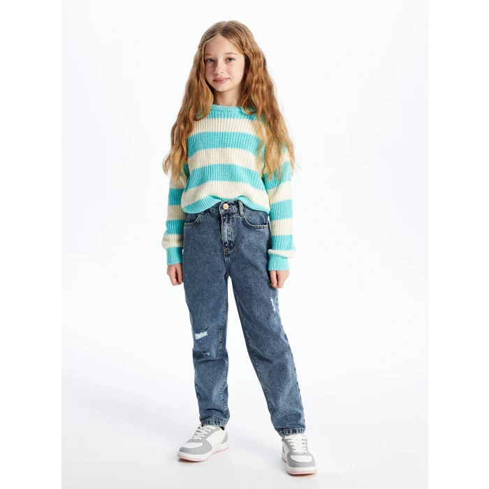 LCW Kids Mavi Yırtık Detaylı Kız Çocuk Mom Jean Pantolon