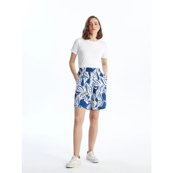 LCWAIKIKI Classic Mavi Beli Lastikli Desenli Kadın Şort