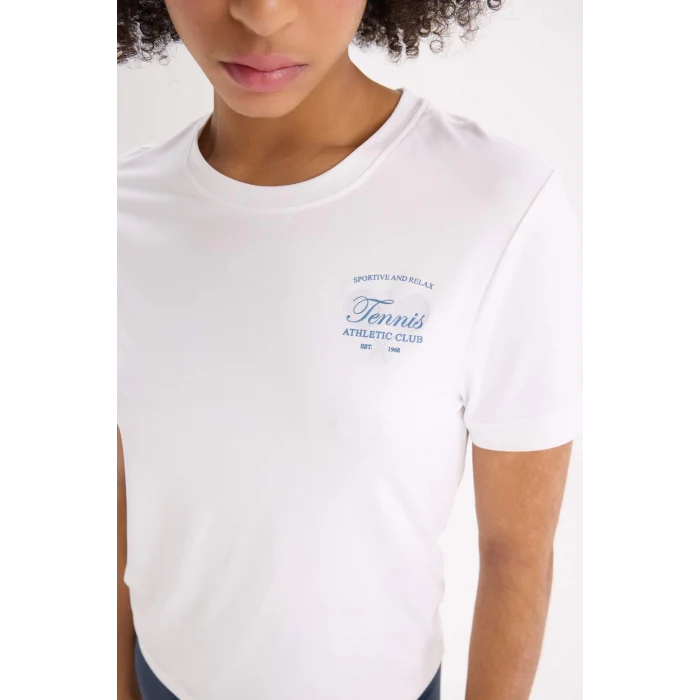 Defacto D9298 Beyaz DeFactoFit Oversize Geniş Kalıp Bisiklet Yaka Baskılı Sporcu Kısa Kollu Tişört