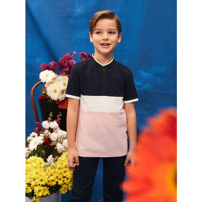 LCW Kids Pembe Hakim Yaka Renk Bloklu Kısa Kollu Erkek Çocuk Tişört
