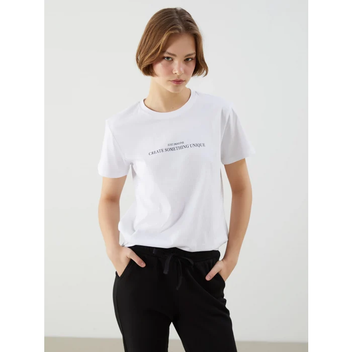 XSIDE Beyaz Bisiklet Yaka Baskılı Kadın Tişört