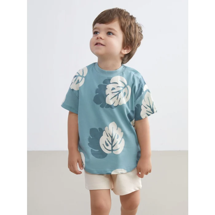 LCW baby Mavi Baskılı Erkek Bebek Tişört ve Şort 2li