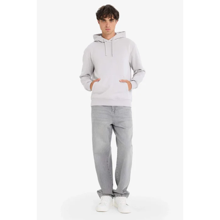 Defacto X8283 Gri Regular Fit Kapüşonlu Kanguru Cepli İçi Yumuşak Tüylü Basic Düz Sweatshirt