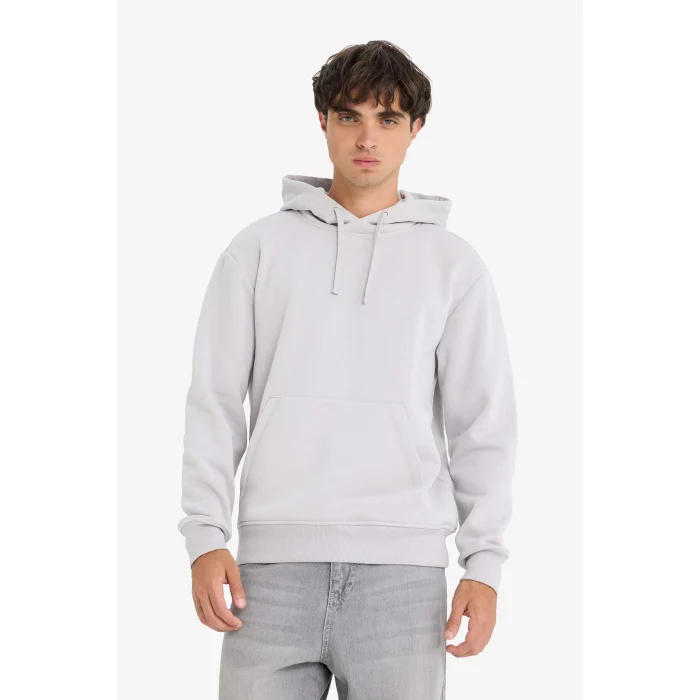 Defacto X8283 Gri Regular Fit Kapüşonlu Kanguru Cepli İçi Yumuşak Tüylü Basic Düz Sweatshirt