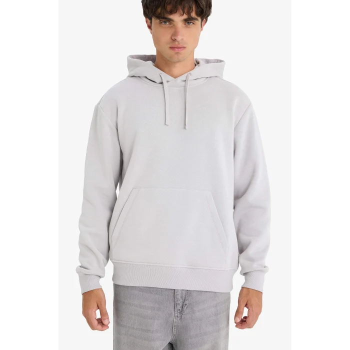 Defacto X8283 Gri Regular Fit Kapüşonlu Kanguru Cepli İçi Yumuşak Tüylü Basic Düz Sweatshirt