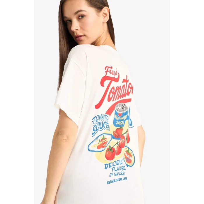 Defacto F4743 Beyaz Oversize Geniş Kalıp Bisiklet Yaka Baskılı Kısa Kollu Tişört