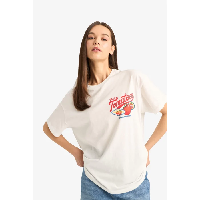 Defacto F4743 Beyaz Oversize Geniş Kalıp Bisiklet Yaka Baskılı Kısa Kollu Tişört