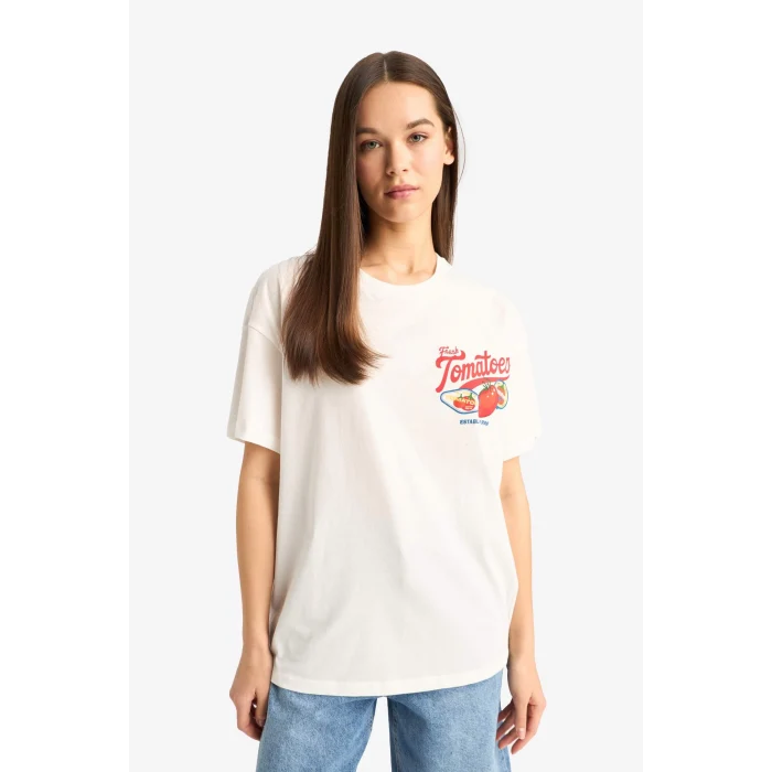 Defacto F4743 Beyaz Oversize Geniş Kalıp Bisiklet Yaka Baskılı Kısa Kollu Tişört