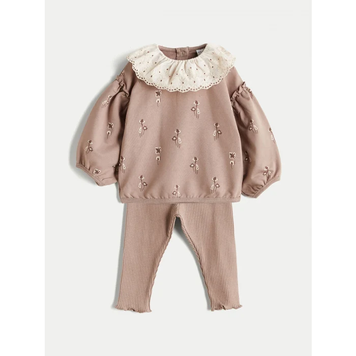 LCW baby Bej Bebe Yaka Uzun Kollu Baskılı Kız Bebek Sweatshirt ve Tayt 2li Takım