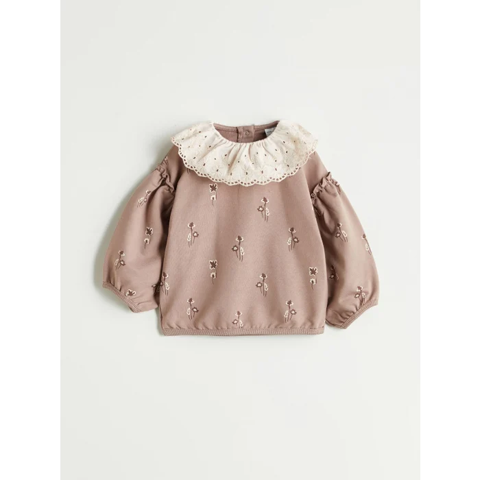 LCW baby Bej Bebe Yaka Uzun Kollu Baskılı Kız Bebek Sweatshirt ve Tayt 2li Takım