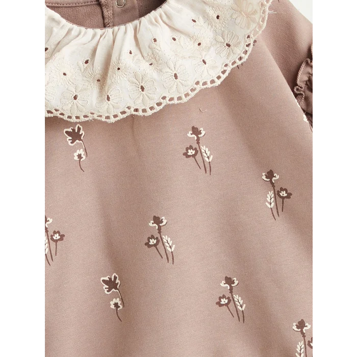 LCW baby Bej Bebe Yaka Uzun Kollu Baskılı Kız Bebek Sweatshirt ve Tayt 2li Takım