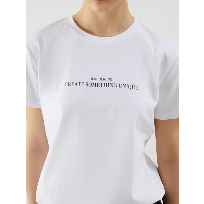 XSIDE Beyaz Bisiklet Yaka Baskılı Kadın Tişört