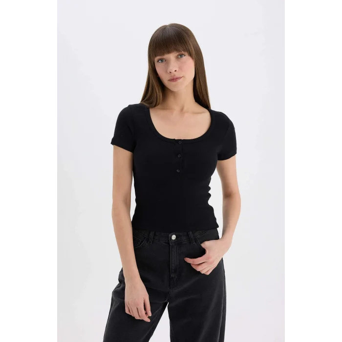 Defacto E5781 Siyah Slim Fit Dar Kesim Yuvarlak Yaka Basic Düz Fitilli Kaşkorse Kısa Kollu Siyah Tişört