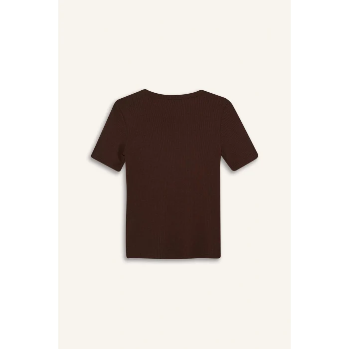 Defacto C0097 Kahve Slim Fit Dar Kesim Bisiklet Yaka Fitilli Kaşkorse Basic Düz Kısa Kollu Tişört