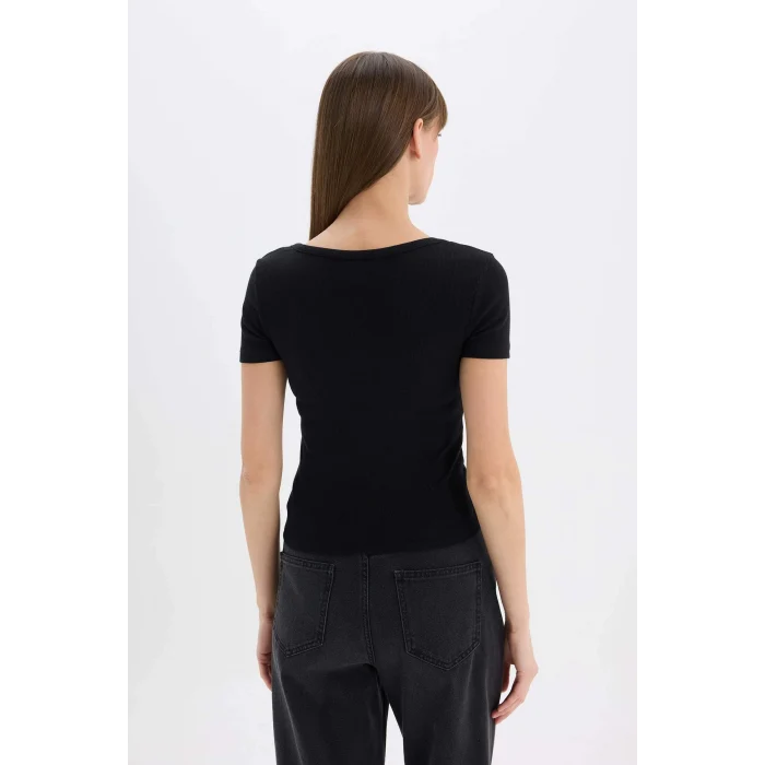 Defacto E5781 Siyah Slim Fit Dar Kesim Yuvarlak Yaka Basic Düz Fitilli Kaşkorse Kısa Kollu Siyah Tişört