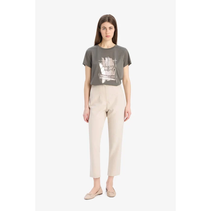 Defacto E5062 Haki Relax Fit Bisiklet Yaka Baskılı Kısa Kollu Tişört