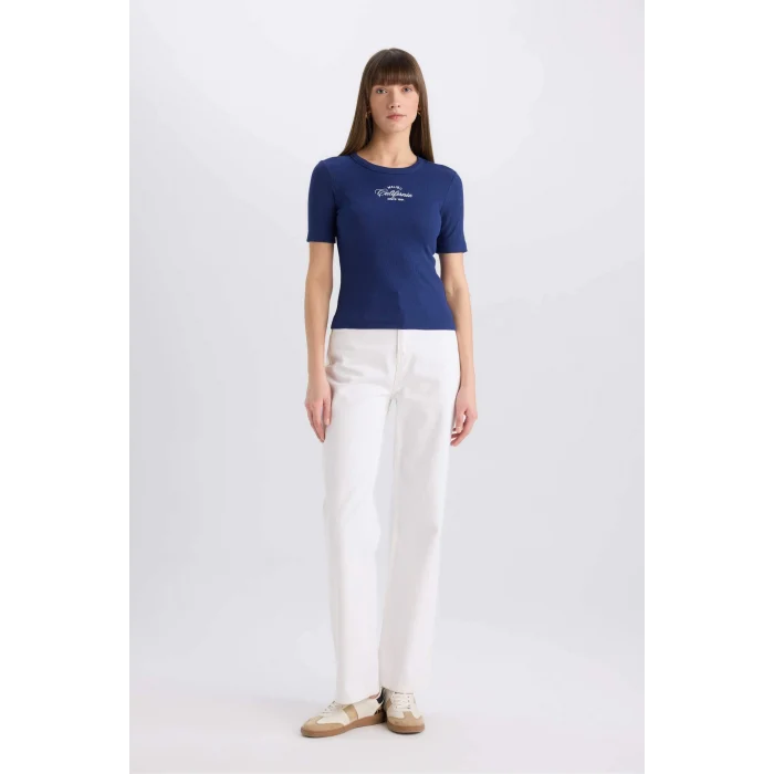 Defacto E5070 Lacivert Slim Fit Dar Kesim Bisiklet Yaka Baskılı Fitilli Kaşkorse Kısa Kollu Tişört