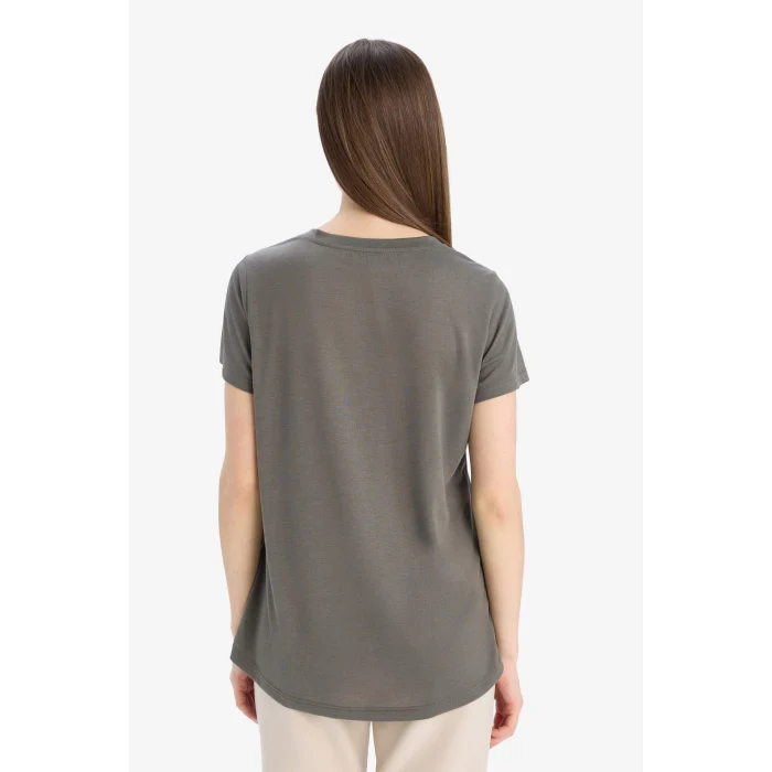 Defacto E5062 Haki Relax Fit Bisiklet Yaka Baskılı Kısa Kollu Tişört