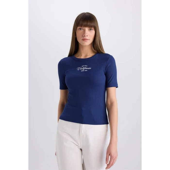 Defacto E5070 Lacivert Slim Fit Dar Kesim Bisiklet Yaka Baskılı Fitilli Kaşkorse Kısa Kollu Tişört