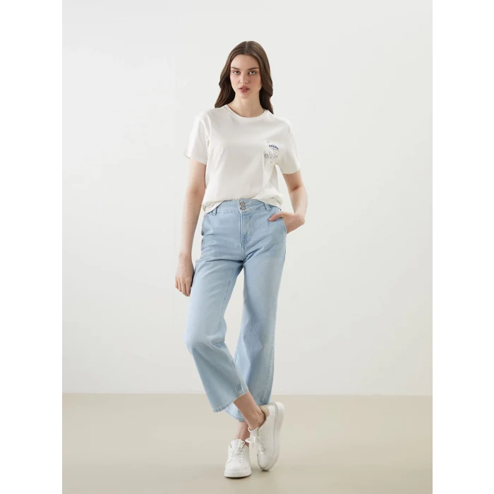 LCW Vision Ekru Bisiklet Yaka Baskılı Kadın Tişört