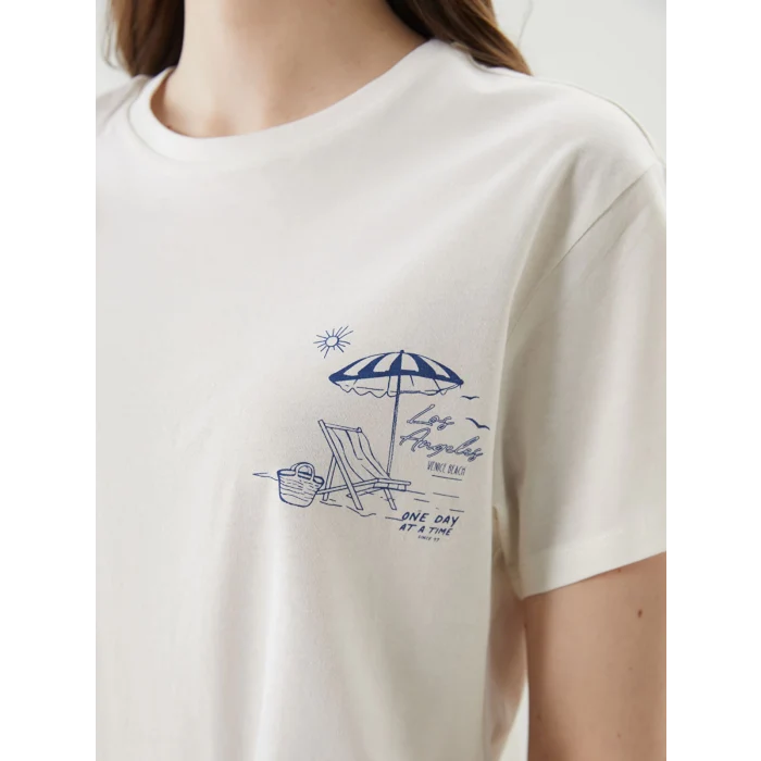 LCW Vision Ekru Bisiklet Yaka Baskılı Kadın Tişört