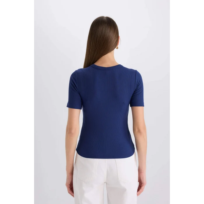 Defacto E5070 Lacivert Slim Fit Dar Kesim Bisiklet Yaka Baskılı Fitilli Kaşkorse Kısa Kollu Tişört