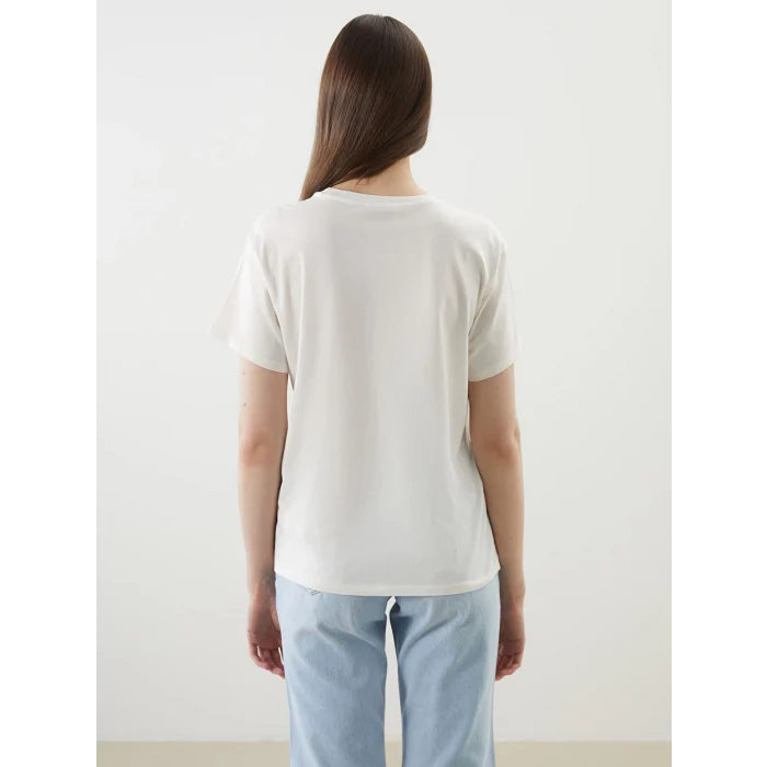 LCW Vision Ekru Bisiklet Yaka Baskılı Kadın Tişört