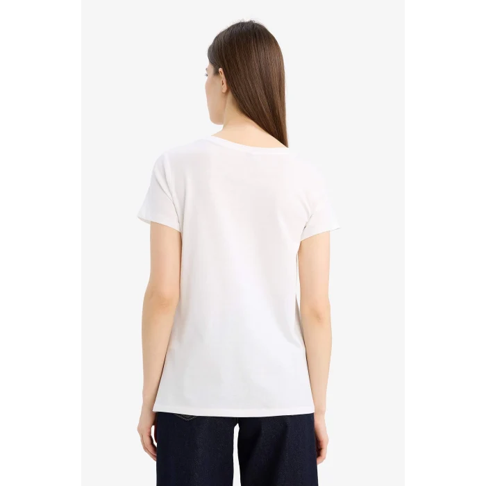 Defacto E5064 Ekru Regular Fit Bisiklet Yaka Baykuş Desenli Penye Kısa Kollu Tişört