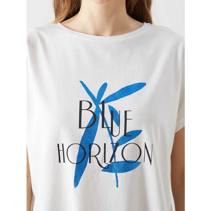 LCWAIKIKI Classic Ekru Bisiklet Yaka Baskılı Kadın Tişört